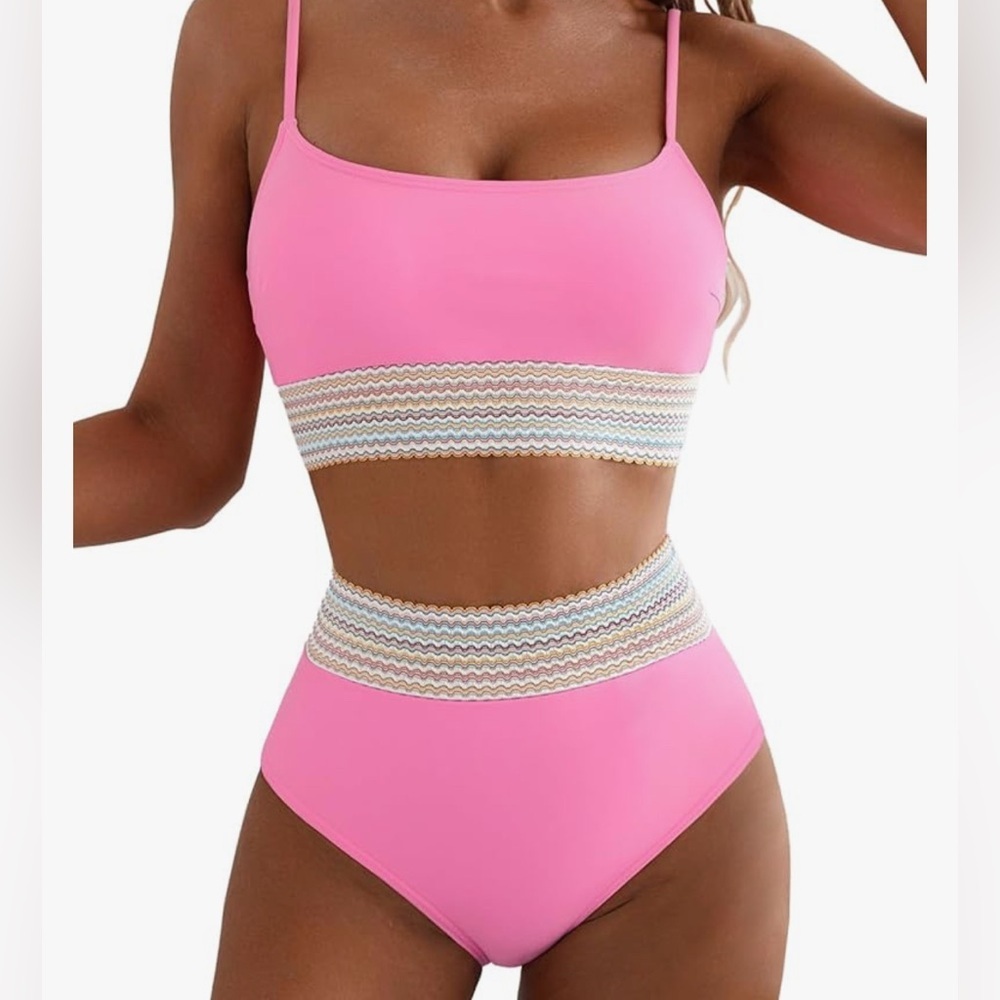 New-Colorblock Trim High Waisted Scoop Neck Adjustable Spaghetti Straps Bikini - Picture 3 of 8